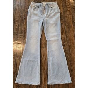 Wonderly Womens 29 Curvy Bell Bottom Flare Light Wash High Rise Lace Front Jeans